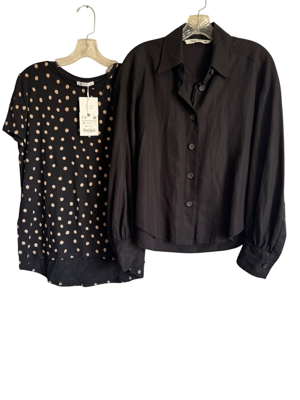 Zara Bundle Long Sleeve black button up shirt & polka dot tee top